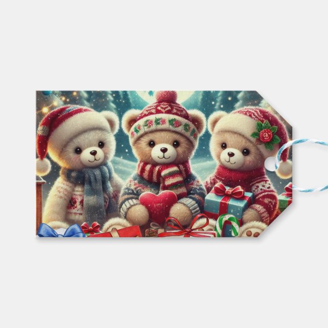 Drei Niedliche Teddy Bears Frohe Weihnachten Geschenkanhänger (Vorderseite (Horizontal))