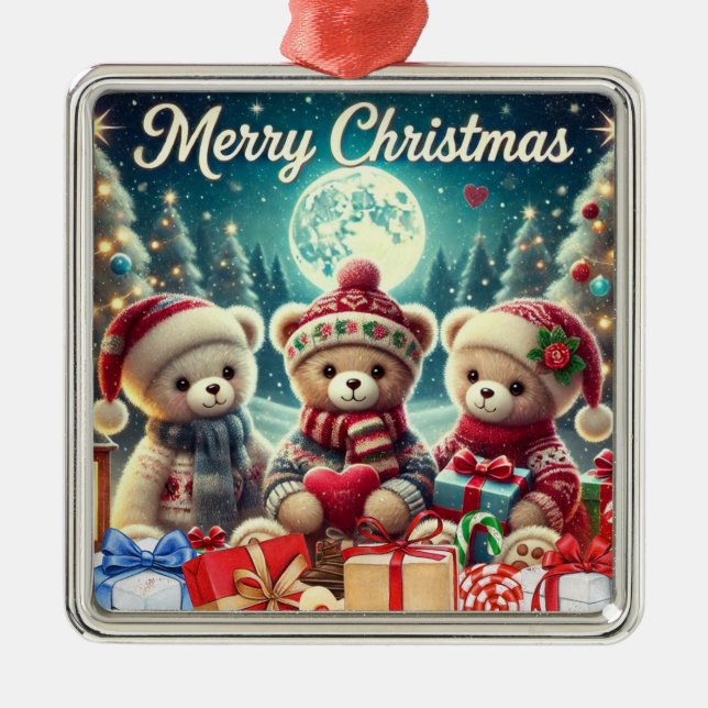 Drei Niedliche Teddy Bears Frohe Weihnachten Ornament Aus Metall (Vorne)