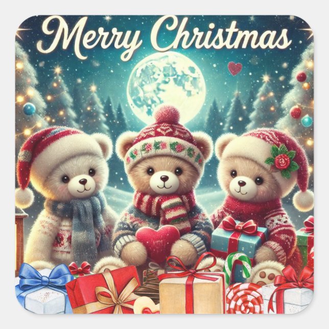 Drei Niedliche Teddy Bears Frohe Weihnachten Quadratischer Aufkleber (Vorderseite)
