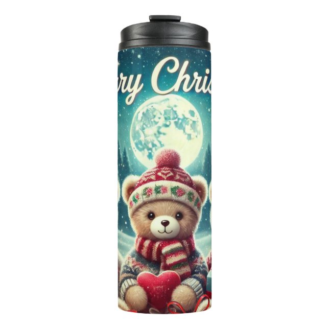 Drei Niedliche Teddy Bears Frohe Weihnachten Thermosbecher (Vorderseite)
