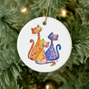 Drei Niedliche und farbenfrohe Katzen Keramik Ornament