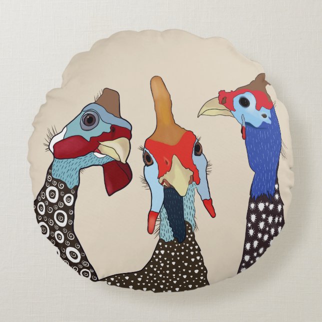 Drei Niedliche Vögel Gemusterter Guinea Rundes Kissen (Vorderseite)