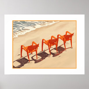 Drei orange Liegestühle Poster