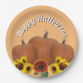 Drei Orange Pumpkins mit Sonnenblumen Halloween Pappteller
