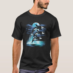 Drei Orcas Mond Retro-Ozean Natur Meerestiere T-Shirt