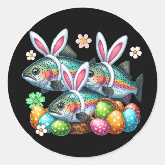 Drei Osterhasen-Forellen-Fische-Jagd-Eier-Skizze Runder Aufkleber