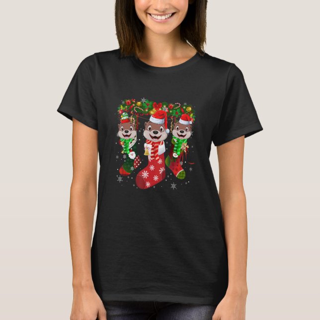 Drei Otter in Socken Weihnachten Weihnachtsmannmüt T-Shirt (Vorderseite)