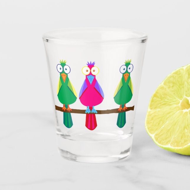 Drei Papageien mit großem Cartoon Schnapsglas (Vorderseite)