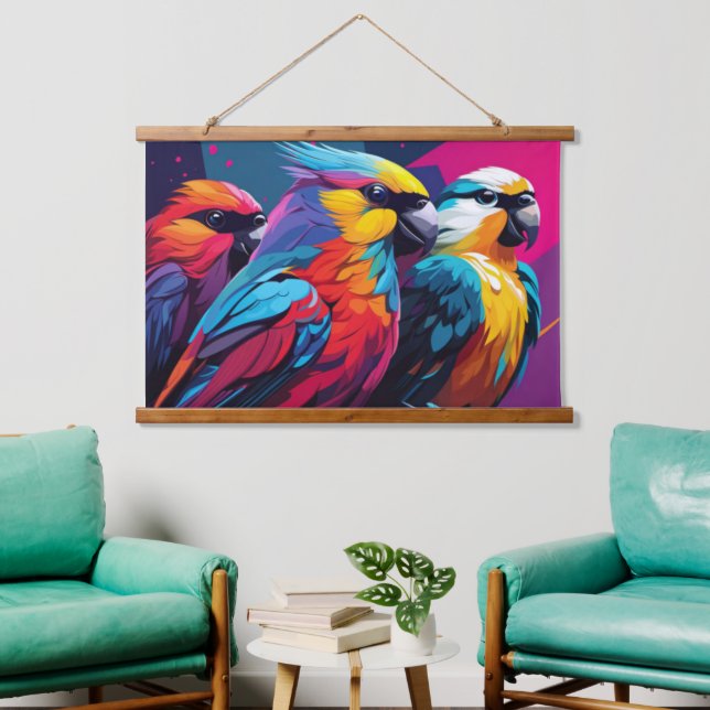 Drei Papageien Wandteppich Mit Holzrahmen (Wohnzimmer)