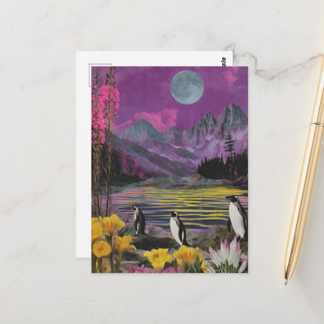 Drei Peguins Surreal Mixed Media Postkarte (Vorderseite/Rückseite Beispiel)