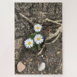 Drei perfekte Daisies gegen einen Baumstamm Puzzle