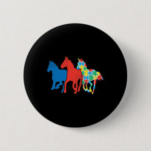 Drei Pferde Puzzle Rot Blau Autismus-Bewusstsein A Button