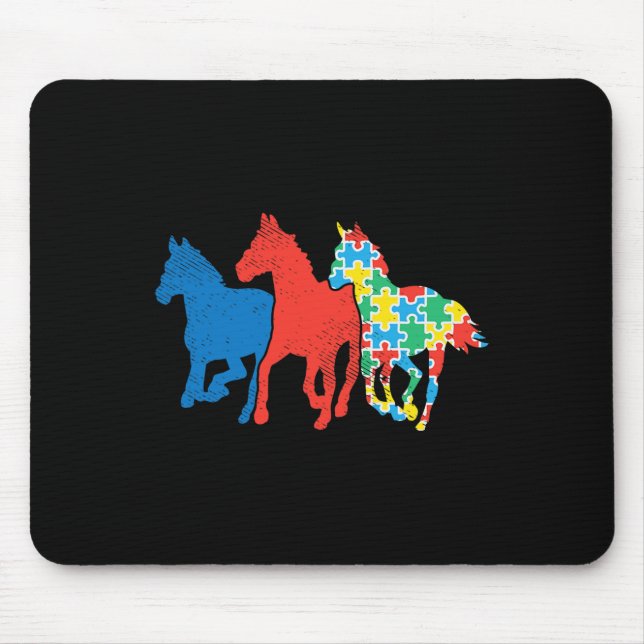 Drei Pferde Puzzle Rot Blau Autismus-Bewusstsein A Mousepad (Vorne)