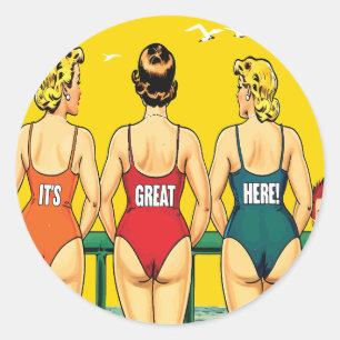 Drei Pin-up-Girls von hinten, Strand Humor, Lustig Runder Aufkleber