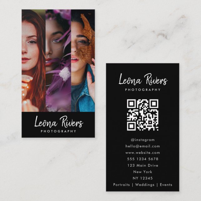 Drei-Portrait QR Code Fotograf Business Card Visitenkarte (Vorne/Hinten)