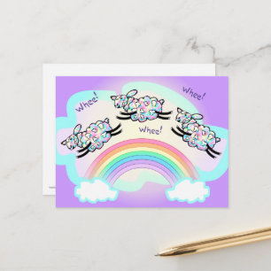 Drei Rad Schafe springen über einen Regenbogen, Sp Postkarte