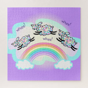 Drei Rad Schafe springen über einen Regenbogen Süß Puzzle