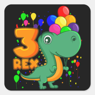 DREI REX 3 Jahre alt 3. Geburtstag Junge Dino Quadratischer Aufkleber