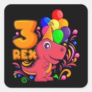 DREI REX 3 Jahre alter 3. Geburtstag Girl Dino Quadratischer Aufkleber