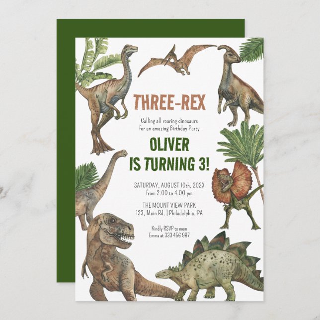 Drei Rex 3 Jahre Geburtstag Dinosaurier Einladung (Vorne/Hinten)