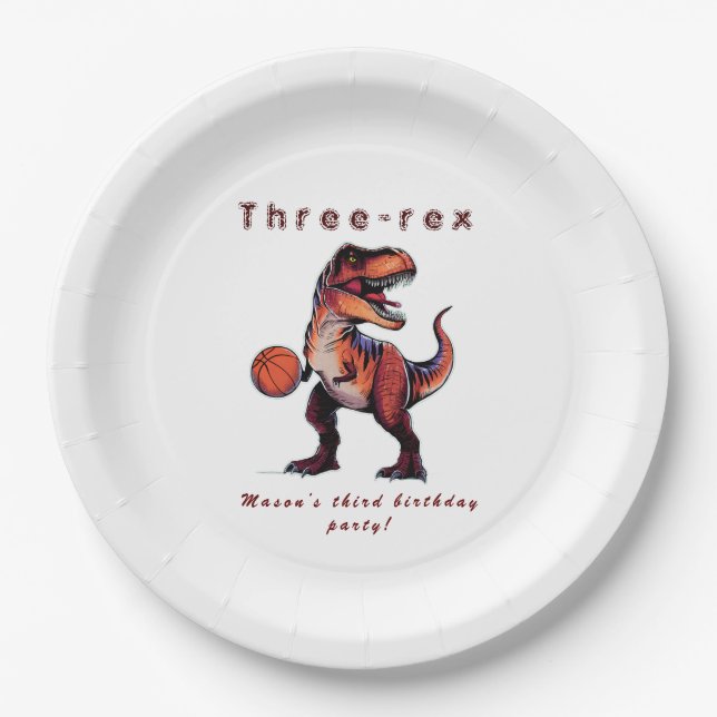 Drei-Rex Basketball Dino Geburtstag   Pappteller (Vorderseite)