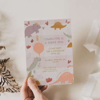 Drei Rex Dinosaurier 3. Mädchen Geburtstagseinladu Einladung