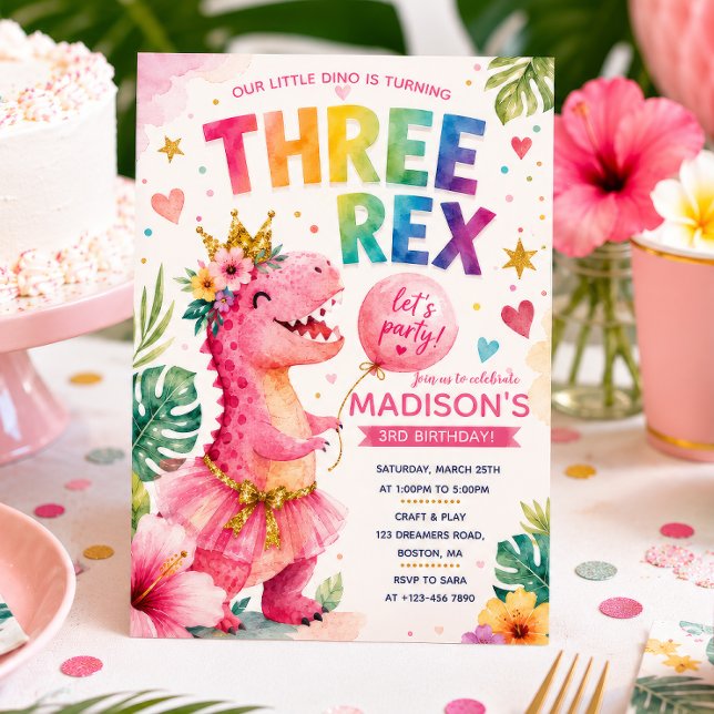 Drei REX Regenbogen-Dinosaurier-Mädchen-Geburtstag Einladung (Von Creator hochgeladen)