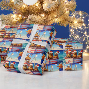 Drei Robben mit Weihnachtsmannmützen Frohe Weihnac Geschenkpapier