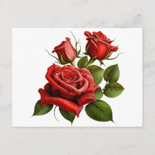 Drei rote Rosen mit grünen Blättern auf Weiß Feiertagspostkarte