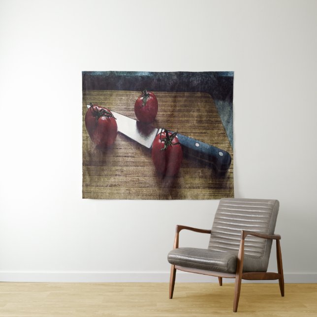 Drei rote Tomaten auf einem Schrank Wandteppich (Beispiel (Horizontal))