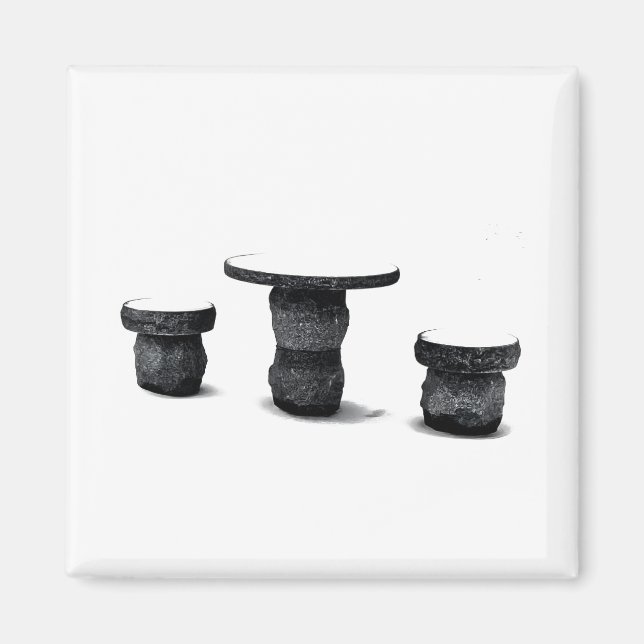 Drei runde Steinbänke Schnee Foto Magnet (Vorne)