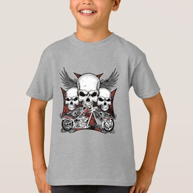Drei Schädel mit Red Chopper Motorrad Boy T-Shi T-Shirt (Vorderseite)
