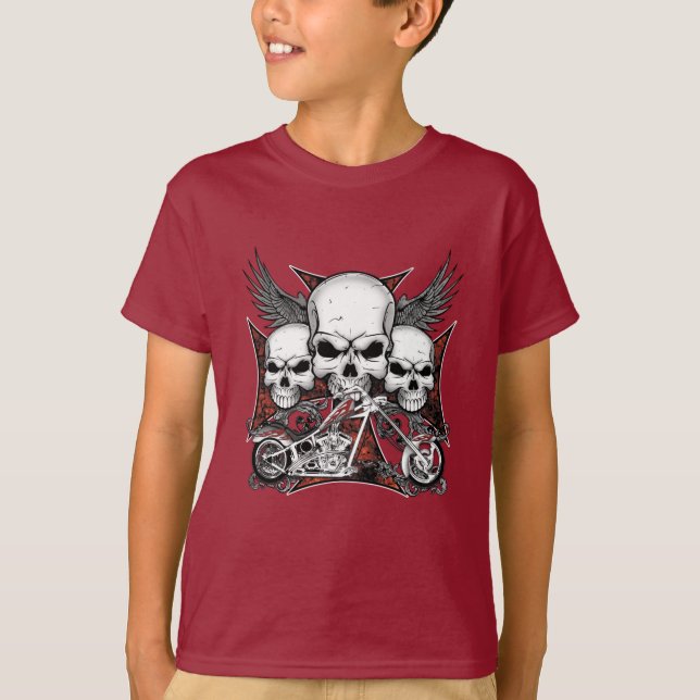 Drei Schädel mit Red Chopper Motorrad Boy T-Shi T-Shirt (Vorderseite)