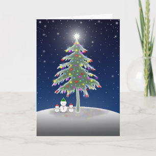 Drei Schneemänner und Weihnachtsbaum Karte