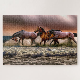 Drei schöne braune Pferde im Ozean Malerei Puzzle