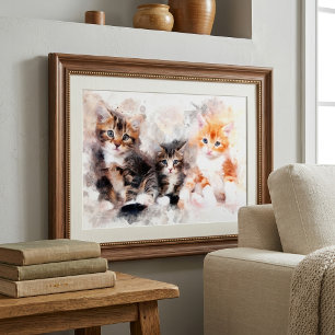 Drei schöne und niedliche Kätzchen Aquarell Fotodruck