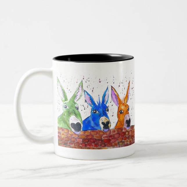 Drei schrullige bunte Esel Zweifarbige Tasse (Links)