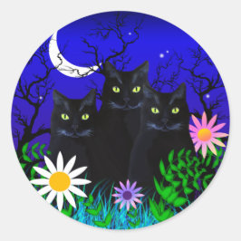 Drei schwarze Katzen bei Nachtklebern Runder Aufkleber