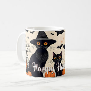Drei schwarze Katzen mit Hüten an Halloween Kaffeetasse