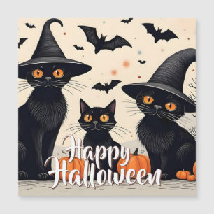Drei schwarze Katzen mit Hüten an Halloween Magnetkarte