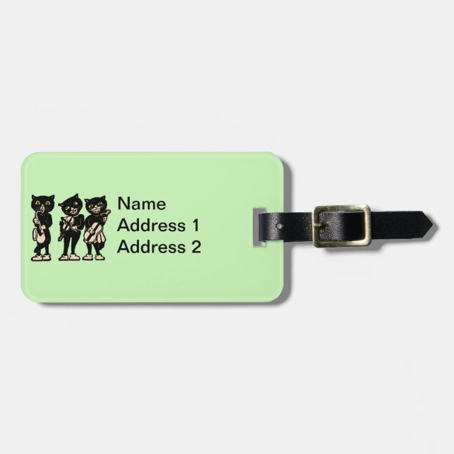 Drei schwarze Katzen spielen Musikinstrumente grün Gepäckanhänger (Vorderseite horizontal)