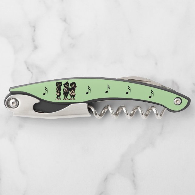 Drei schwarze Katzen spielen Musikinstrumente grün Kellnermesser (Vorderseite)