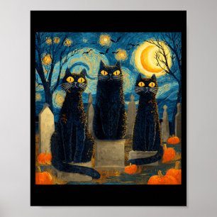 Drei schwarze Katzen Starry Night Van Gogh Kürbiss Poster