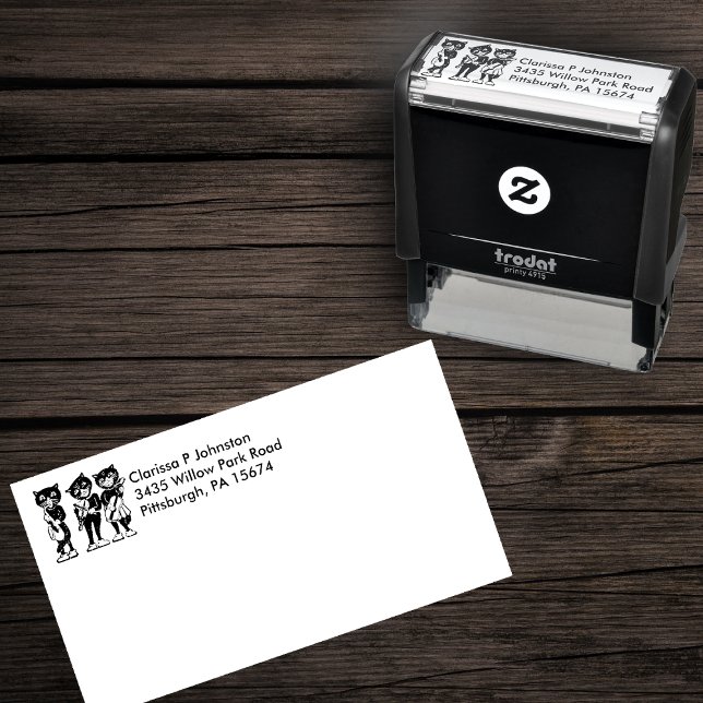 Drei schwarze Katzen weiße Schuhe spielen Musik Permastempel (Three cat musicians playing musical instruments on self inking return address stamp.)