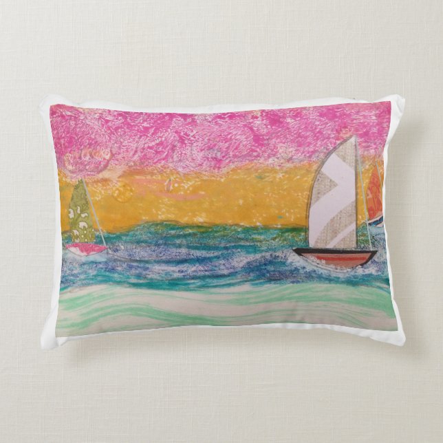 Drei Segelboote Pink Sky Dekokissen (Vorderseite)