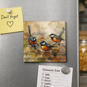 Drei Singvögel auf Notenblatt Aquarellmalerei Magnet