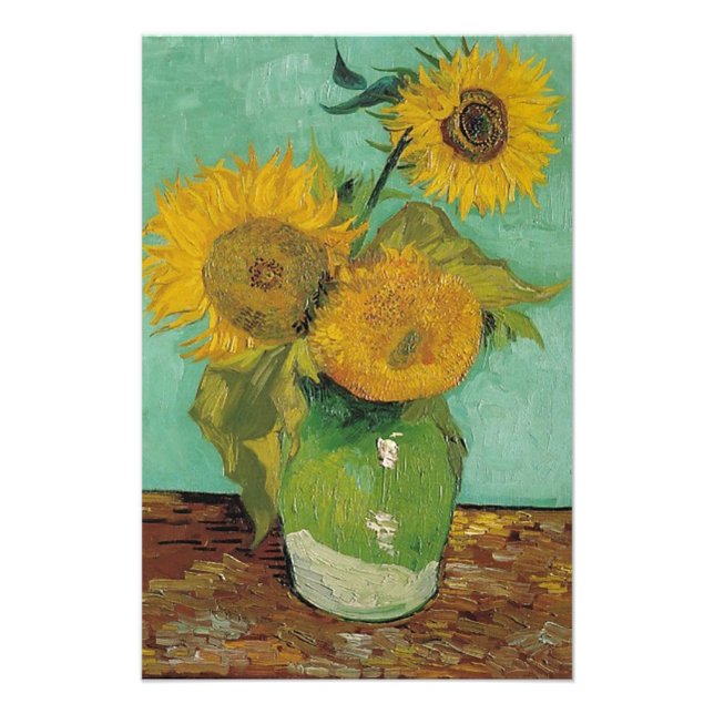 Drei Sonnenblumen in einer Vase, Vincent van Gogh. Fotodruck (Vorne)
