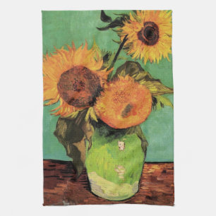 Drei Sonnenblumen in einer Vase von Vincent van Go Geschirrtuch