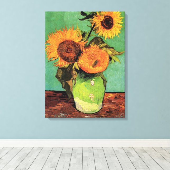 Drei Sonnenblumen in einer Vase von Vincent van Go Leinwanddruck (Insitu (Holzboden))