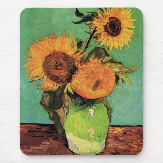 Drei Sonnenblumen in einer Vase von Vincent van Go Mousepad (Vorne)